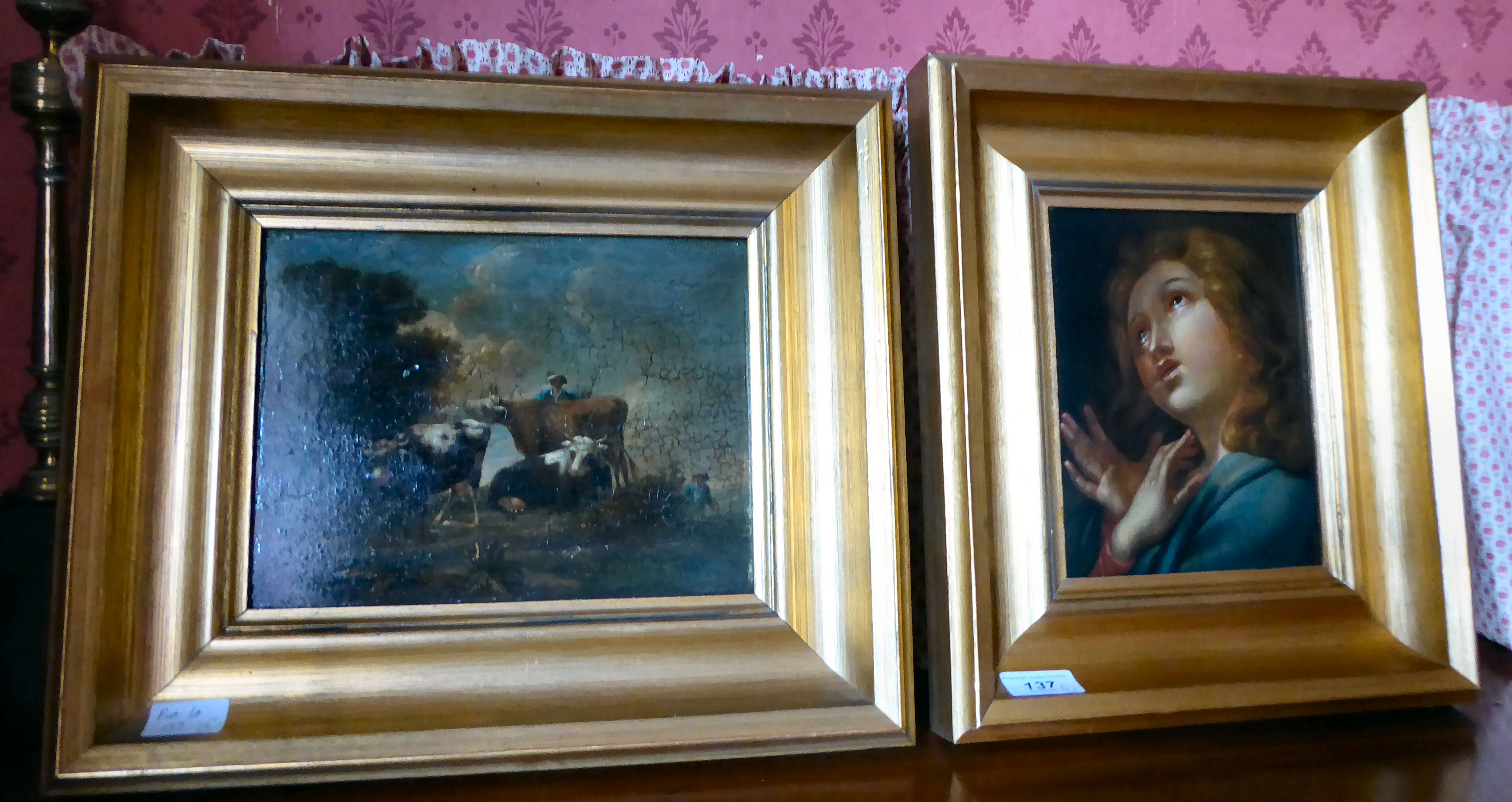 Two 'antique' reproduction paintings - one, a religious study; the other,