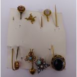 Victorian and later gold and yellow coloured metal scarf pins: to include an example with a bee