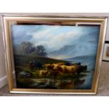 W Flemming - watering cattle in a highland landscape oil on canvas bears a signature 17'' x 21''