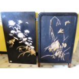 Two similarly lacquered Oriental panels, decorated in relief with carved bone flowers,