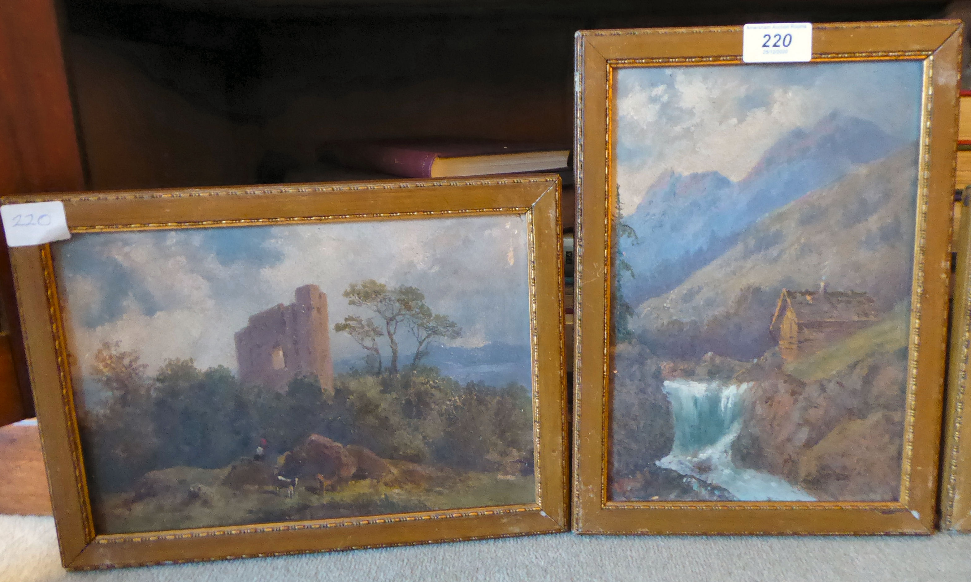 WITHDRAWN Four pictures: to include a late 19thC study - castle ruins oil on board 8'' x 11'' - Image 2 of 4