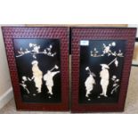 A pair of 20thC Chinese panels, featuring carved ivory figures, set on a black lacquered ground,