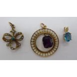 A 9ct gold turquoise and pearl set bow pendant; a 9ct gold blue topaz pendant;