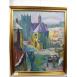 Cyril J Ross - a small town centre scene with figures in the foreground oil on board bears a