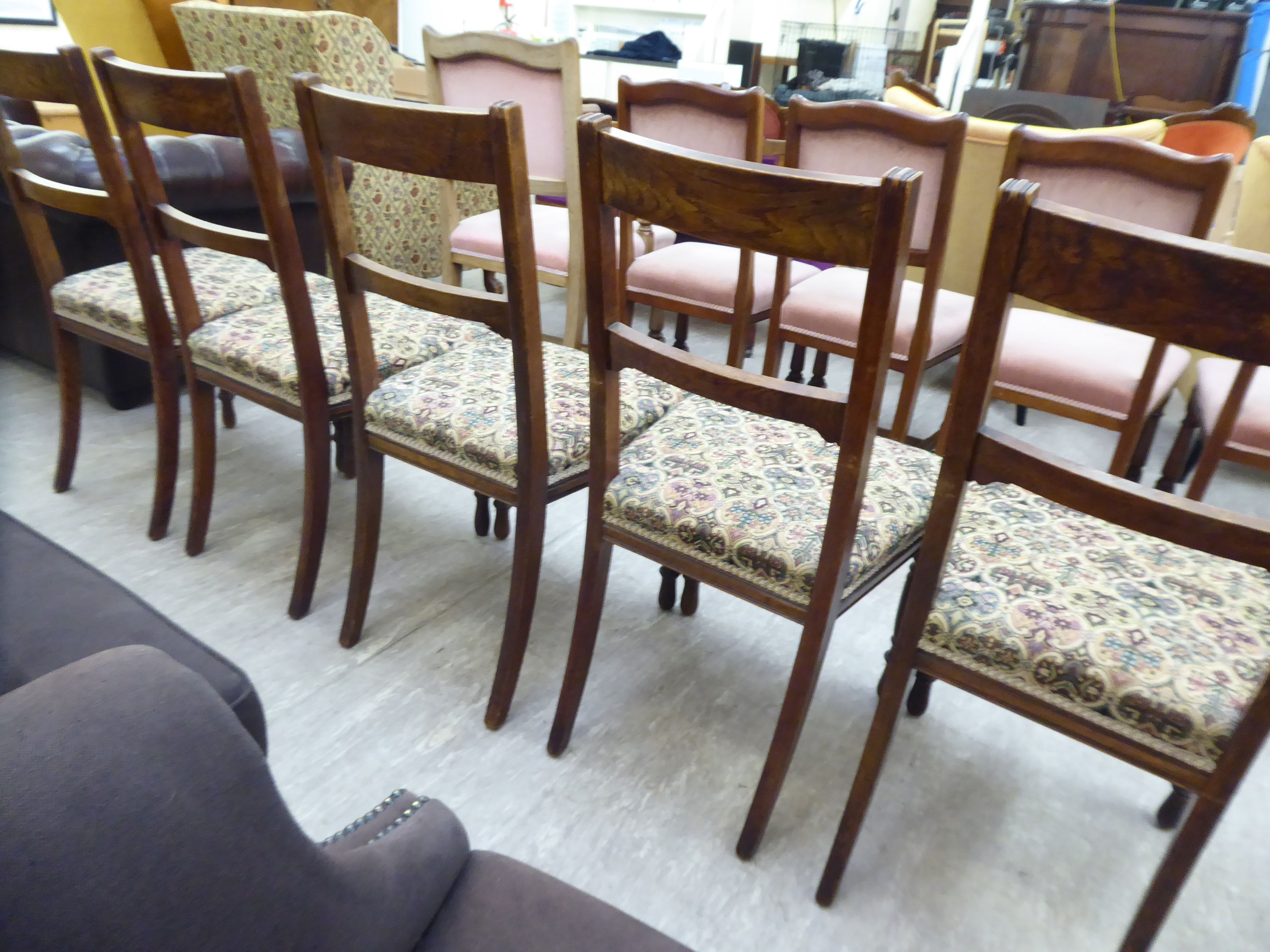 A set of five early 20thC stained oak framed bar back dining chairs with stylised patterned fabric - Image 3 of 3