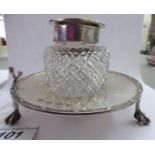 A George V silver inkwell with a cut glass reservoir,