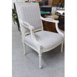 A Laura Ashley off-white painted bedroom armchair with a fabric upholstered back and seat,