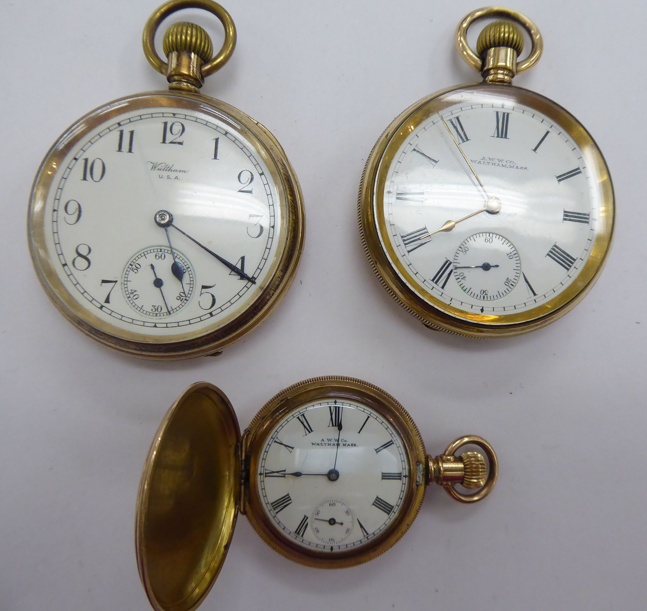 Three late 19th/early 20thC Waltham gold plated pocket watches,