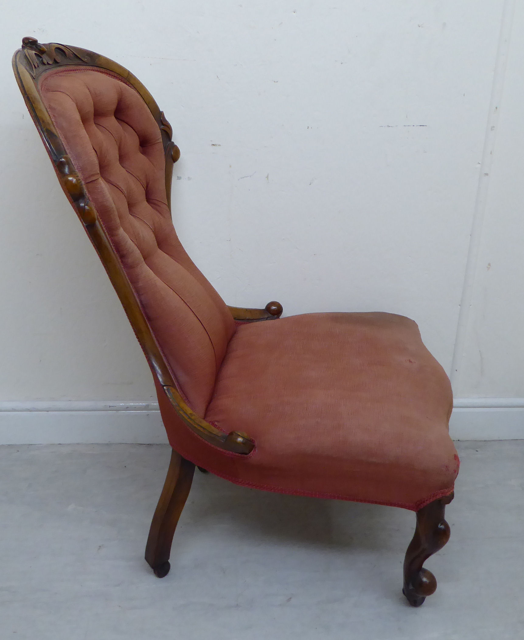 A late Victorian walnut framed nursing chair, the part buttoned, - Image 3 of 5