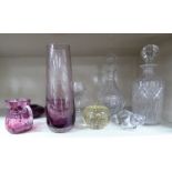 Decorative glassware: to include a tapered, misted maroon vase,