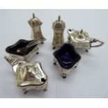 Six silver condiments: to include two lidded mustard pots mixed marks 11
