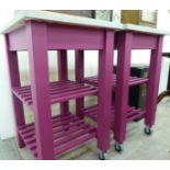 A pair of grey and pink painted butcher's blocks,