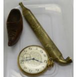 An early 20thC Elgin gold plated pocket watch; a late 19thC Chinese cast metal opium pipe;