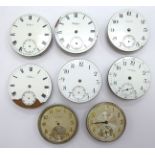 Eight late 19th/early 20thC Waltham watch movements with enamelled Roman and Arabic dials 11