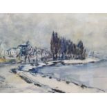 Alfred Hochschwarzer - an Austrian village by a river watercolour bears a signature 11'' x 18.