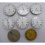 Eight late 19th/early 20thC Waltham watch movements with enamelled Roman and Arabic dials 11