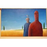 Ian Moore - two figures and a seagull in a landscape acrylic on canvas bears a signature & dated