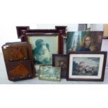 A mixed lot: framed pictures and a hanging letter rack, decorated with two carved,