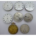 Eight late 19th/early 20thC Waltham watch movements with enamelled Roman and Arabic dials 11