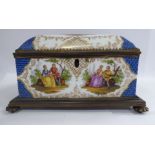 A late 19thC Continental porcelain, buttoned satin lined, gilt metal mounted casket,