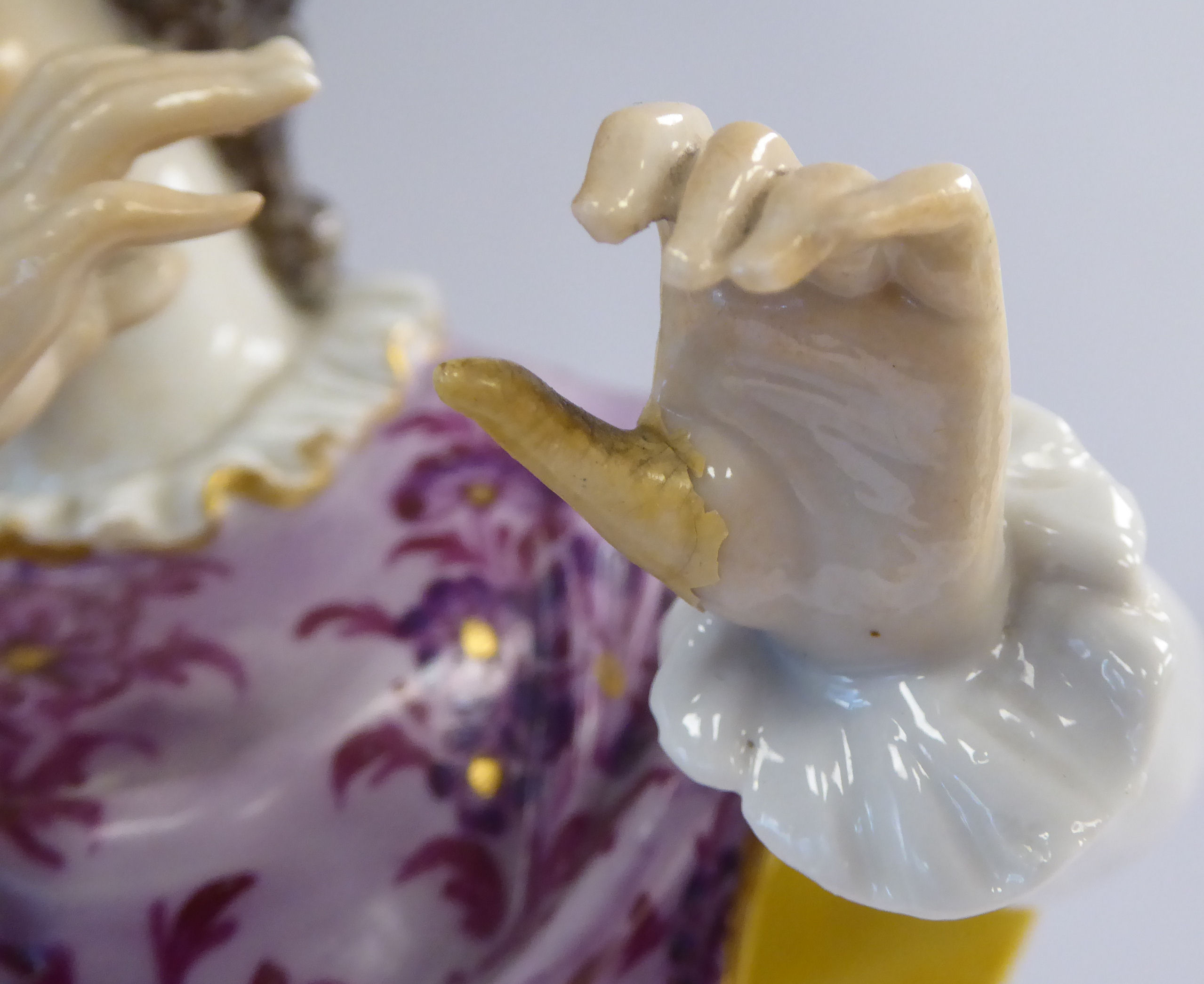 A pair of early 20thC Continental porcelain dancing figure, on scrolled, - Image 7 of 12