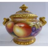 A Royal Worcester china twin handled, squat, bulbous pot and cover,