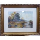 Early 20thC British School - a landscape with two figures and sheep by a river watercolour bears