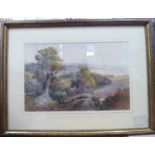 Late 19thC British School - a landscape with a woodman working in the foreground watercolour 11''