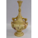 A Royal Worcester blush ivory glazed china twin handled, pedestal bottle vase,