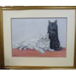 Kathleen I Nixon - a study of a black and a white cat watercolour highlighted with bodycolour