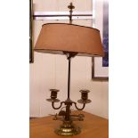 A late 19thC Continental lacquered brass, twin branch table lamp,