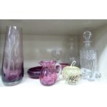Decorative glassware: to include a tapered, misted maroon coloured vase,
