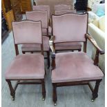 A sets of six early 20thC mahogany showwood framed dining chairs, the fabric covered,