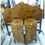 A mid 20thC bed frame with a figured and crossbanded walnut headboard and foot,