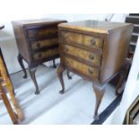 A pair of early/mid 20thC burr walnut finished, three drawer bedside chests,