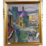 Cyril J Ross - a small town centre scene with figures in the foreground oil on board bears a