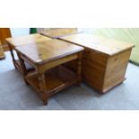 Small modern waxed pine furniture: to include a pair of two tier lamp tables 19''h 21''sq