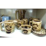 A 1970s Riverside Studio Axmouth pottery coffee set, decorated in randomly splashed,