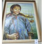 Fan - a half-length portrait of a South Asian fisherwoman oil on board bears a signature 24'' x