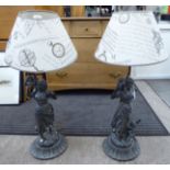 Two 'antique' finished spelter lamps, fashioned as maidens with children,