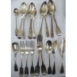 19thC silver fiddle and Old English pattern flatware comprising table forks,