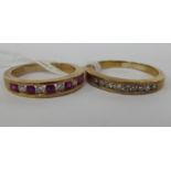 Two 9ct gold bezel set half-eternity rings, one with alternating rubies and diamonds, the other,