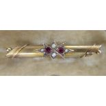 A late Victorian 9ct gold ruby and pearl set bar brooch 11