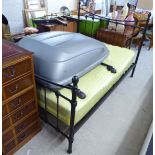 A modern black painted metal double bed frame the headboard 56''w with a Sleepeezee mattress