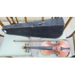 An early 20thC copy of a Stradivarius violin the back 14''L with bow cased F