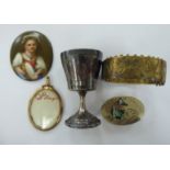 A French engraved silver coloured metal miniature pedestal trophy cup,