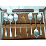 A set of six silver teaspoons and matching sugar nips Sheffield 1953 boxed OS10