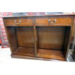 A modern string inlaid mahogany finished open front bookcase with two frieze drawers and two