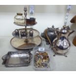 A mixed lot: to include a silver plated three tier cakestand 12''h;