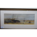 JB - a shoreline scene with moored sailing boats and fishermen watercolour bears initials 5'' x